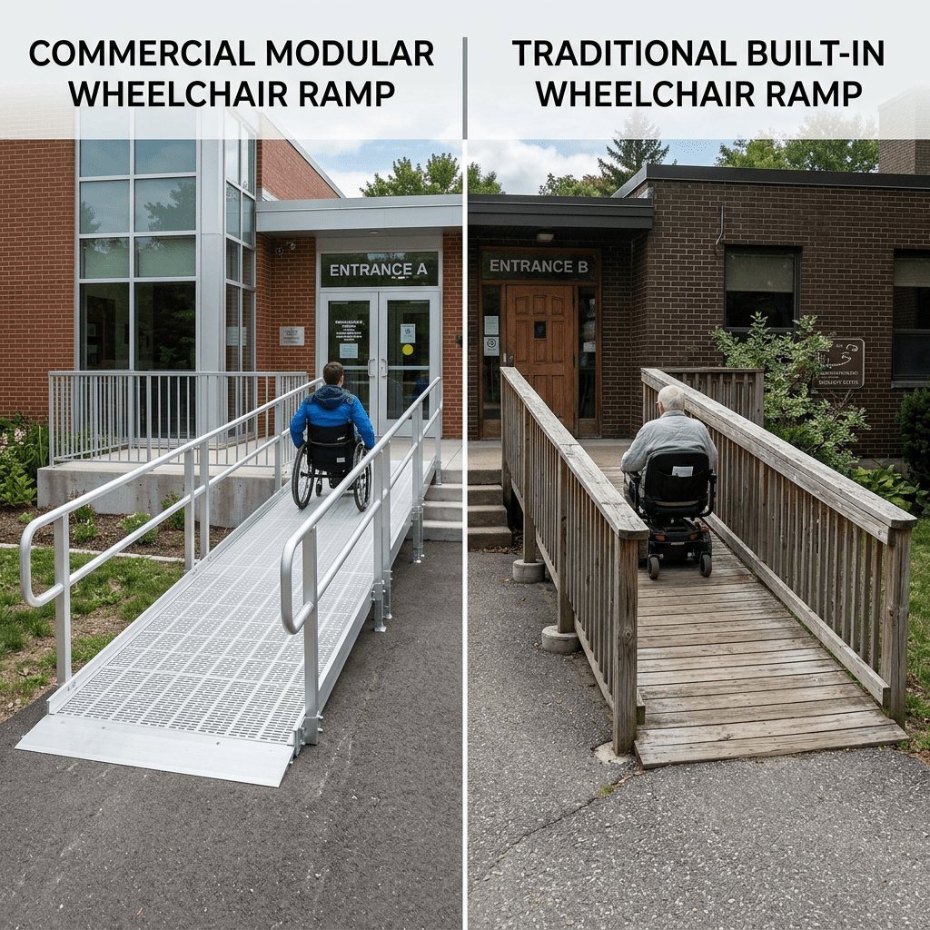 Wheelchair user on commercial modular ramp and another on traditional built-in ramp